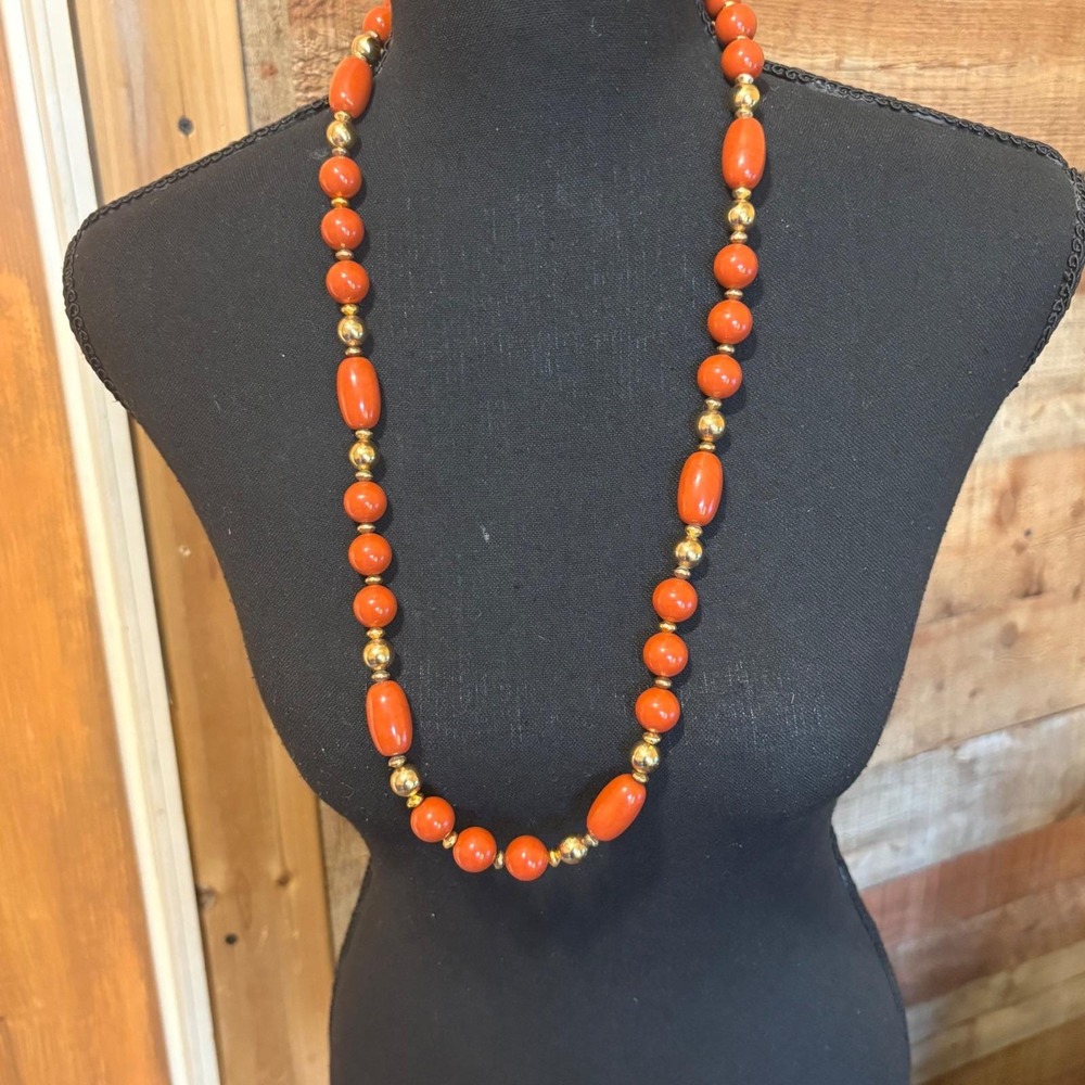 Dotty Smith Vintage Rusty Red and Gold Tone‎ Long Beaded Necklace 24 Inch